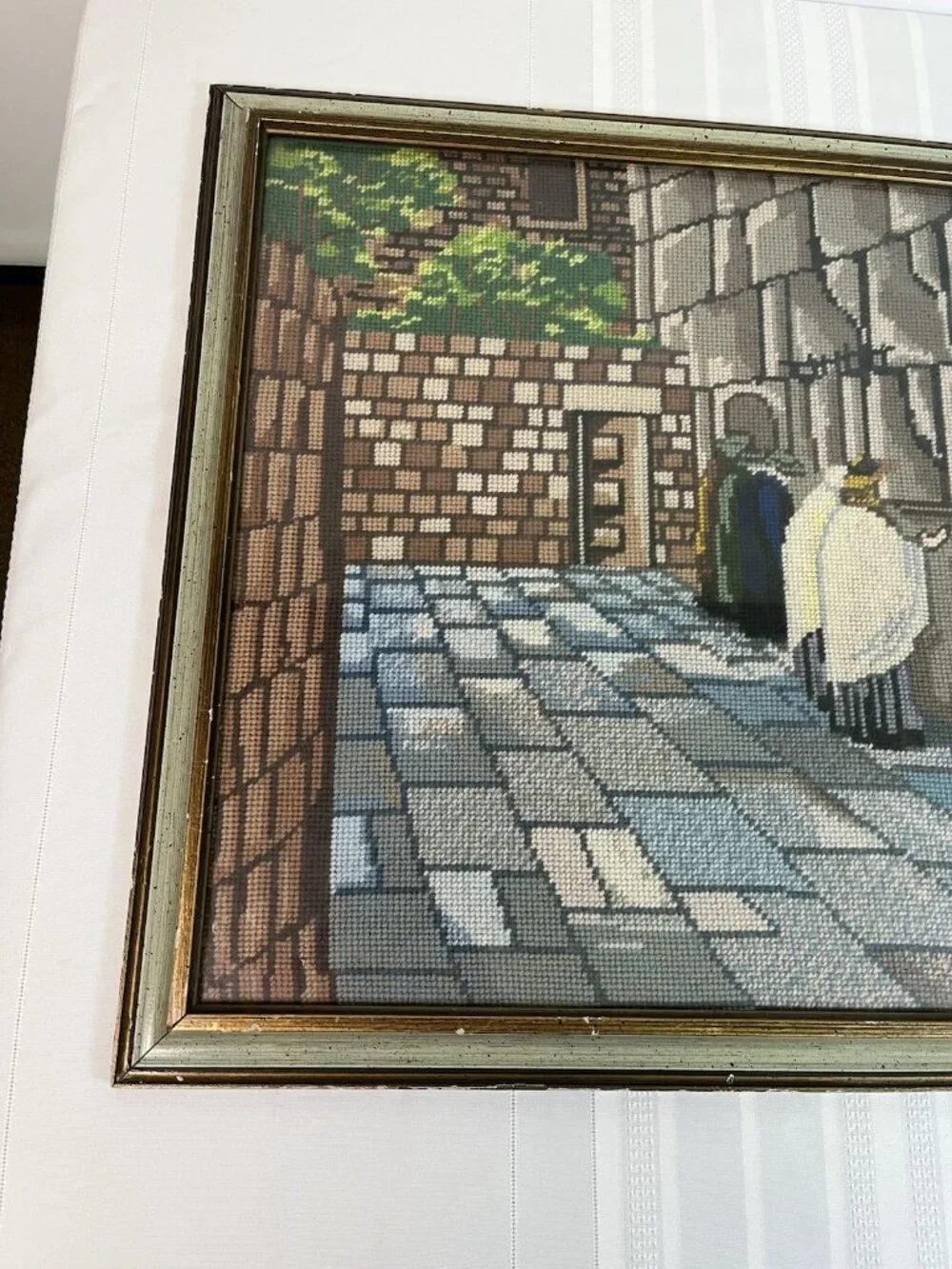 Vintage Needlepoint Jewish Wailing Wall Prayer Jerusalem Judaica Orthodox Framed